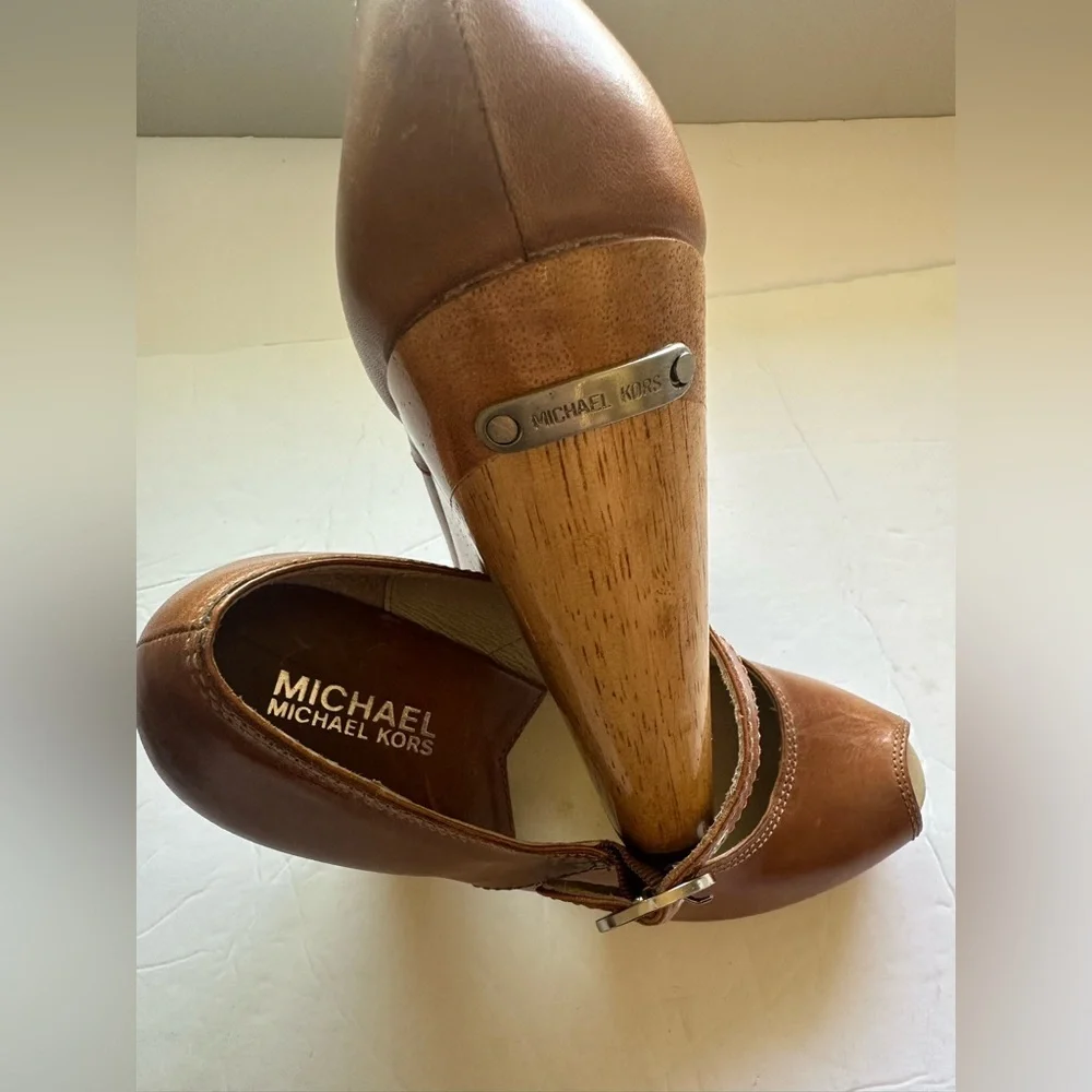Michael Kors Hancock Platform Mary Jane Peep Toe Heel Cognac Brown - Size 9